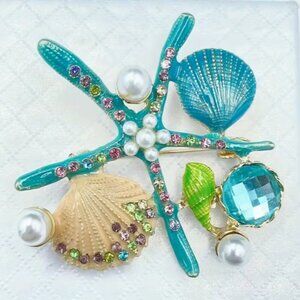 Colorful Blue Green Starfish Faux Pearl & Shell Enamel Fashion Brooch pin 2"